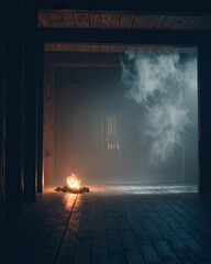 Smoky, dimly lit wooden interior