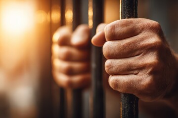 Man's hands gripping prison bars, yearning for freedom with bright light.