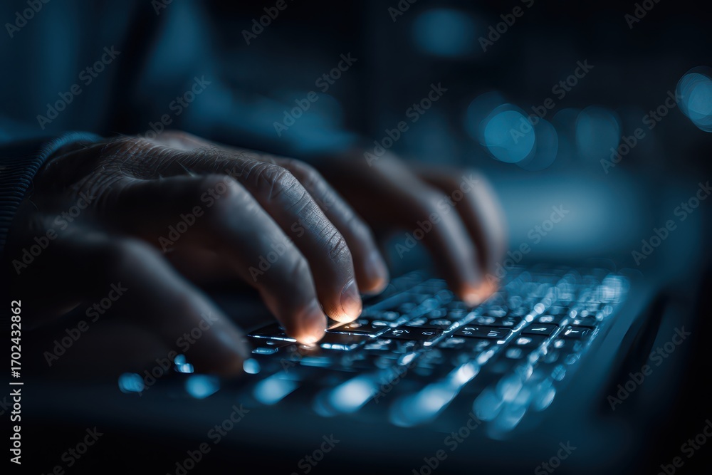 Poster typing on a laptop keyboard with illuminated keys, showcasing fingers in motion, computer, and techn