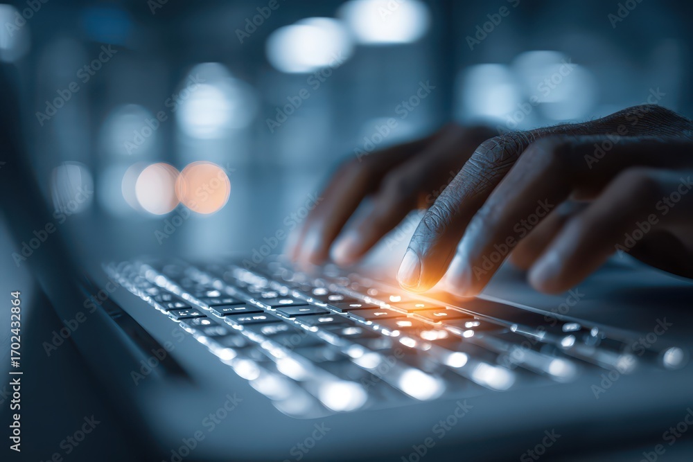 Poster close-up shot of hands typing on a backlit laptop keyboard in low light, highlighting modern technol