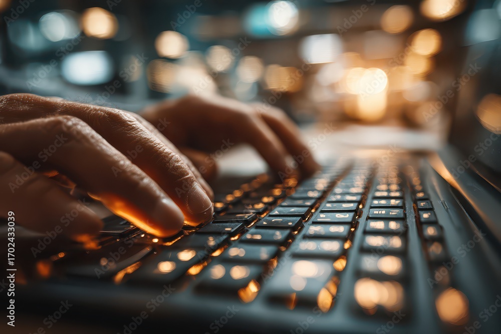 Poster close-up shot of hands typing on a laptop keyboard with soft bokeh background, creating a warm and f