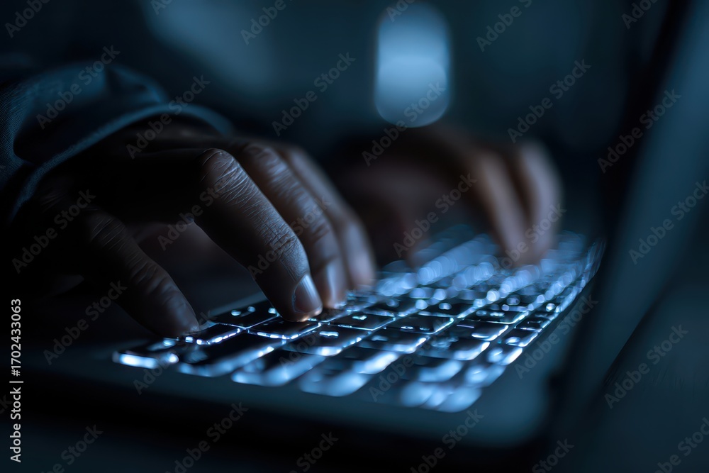 Poster hands typing on illuminated gaming keyboard in a dark room, backlit keys visible for a focused gamin