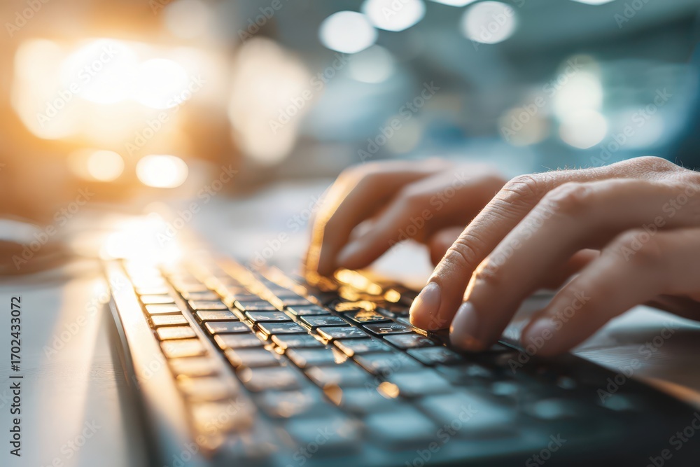 Poster hands typing on illuminated gaming keyboard in a dark room, backlit keys visible for a focused gamin