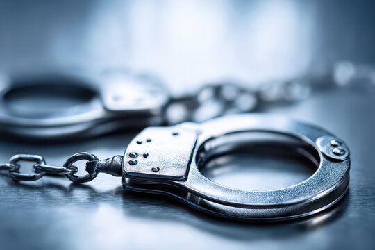 A pair of shiny metal handcuffs resting on a cool, metallic surface, symbolizing law enforcement and criminal justice, with a blurred background to emphasize the focus.