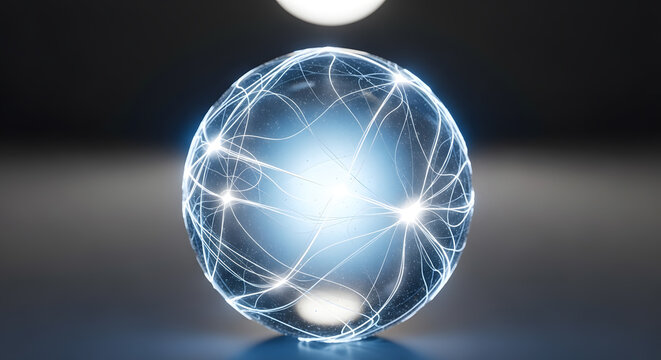 Close-Up of Glowing Globe Wrapped in Abstract Network Lines