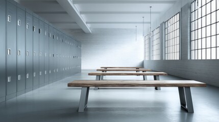 Modern Locker Room Interior with Metal Lockers, Wooden Benches, and Natural Light from Large Windows