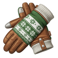 Cozy knitted winter gloves with leather accents isolated on transparent background