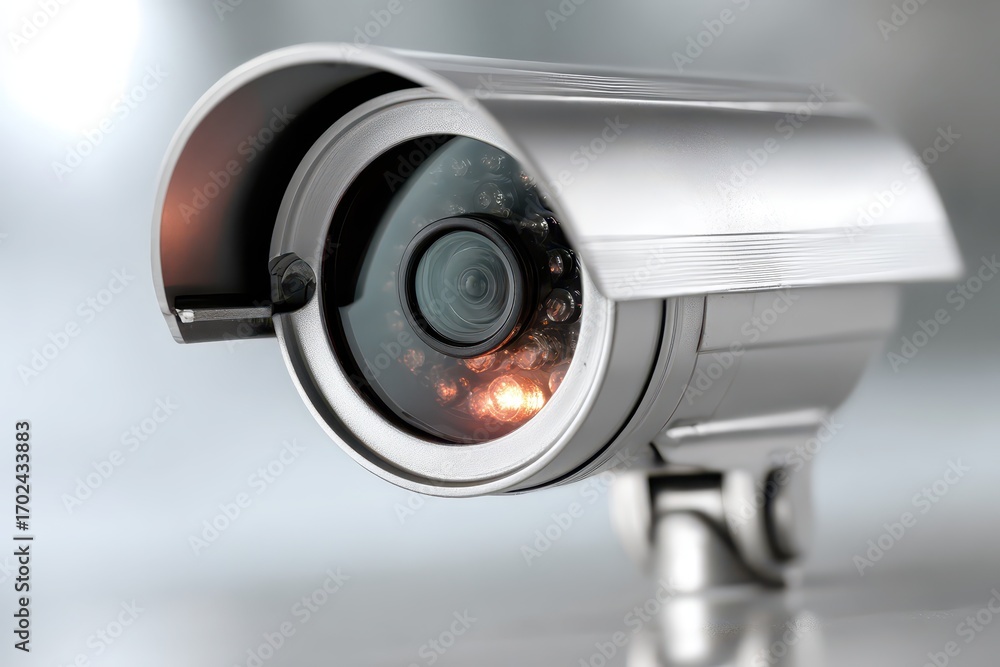 Poster close-up of a modern surveillance camera system with advanced technology and lens features, providin