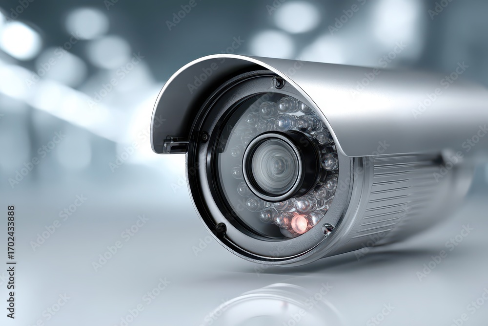 Poster a close-up of a high-tech security camera, showcasing its advanced lens system and integrated led ar