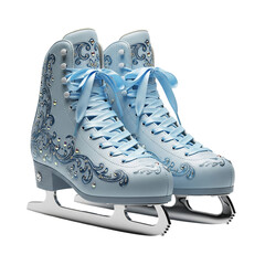 Pair of light blue ice skates with decorative patterns isolated on transparent background