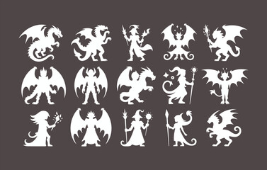 white silhouette fantasy dragons, demons, wizards, and magical creatures collection, isolated on white background, perfect for mystical vector designs
