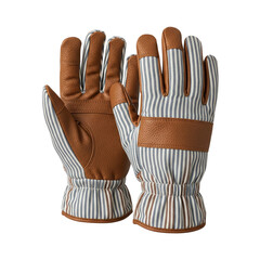 Pair of work gloves with brown leather and striped fabric isolated on transparent background