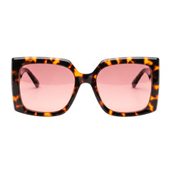 Stylish tortoise shell square sunglasses with pink lenses isolated on transparent background