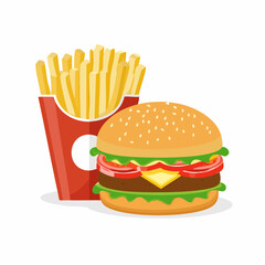 Delicious Hamburger and French Fries Classic American Fast Food Meal