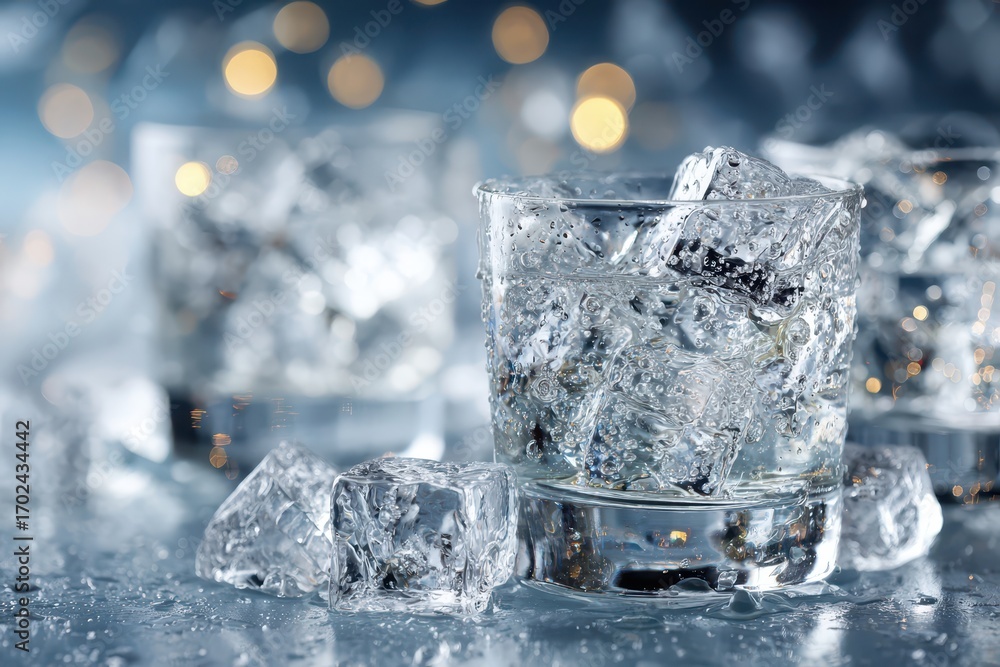 Poster refreshing glasses filled with ice cubes and water droplets, creating a cool and inviting ambiance w