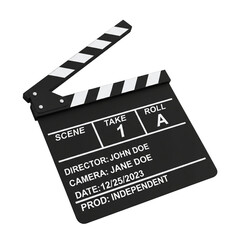 Black movie clapperboard with white markings isolated on transparent background