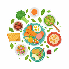 Circular Food Arrangement with Broccoli Crepe and Assorted Dishes