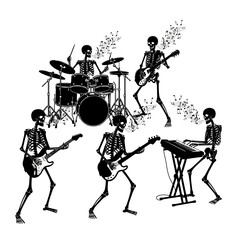 Skeleton band playing music silhouette isolated on white background