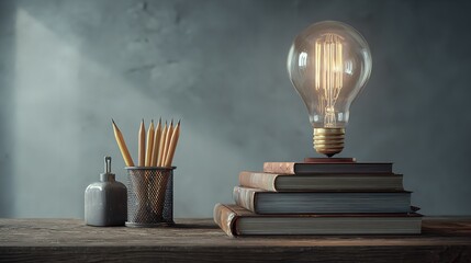 Brilliant Ideas: Glowing Edison Bulb, Books, and Pencils on a Rustic Tabletop
