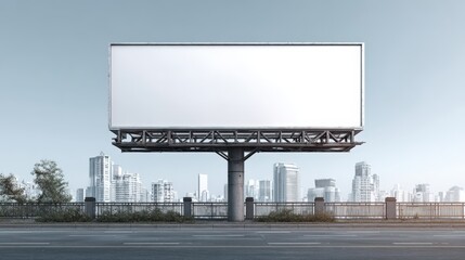 Obraz premium Blank Billboard Mockup with City Skyline Background: Outdoor Advertising Space for Marketing Campaigns