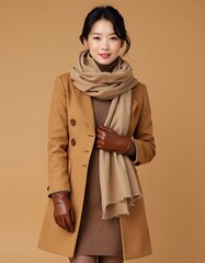 Smiling Woman Wearing Warm Beige Scarf and Tan Coat in Studio