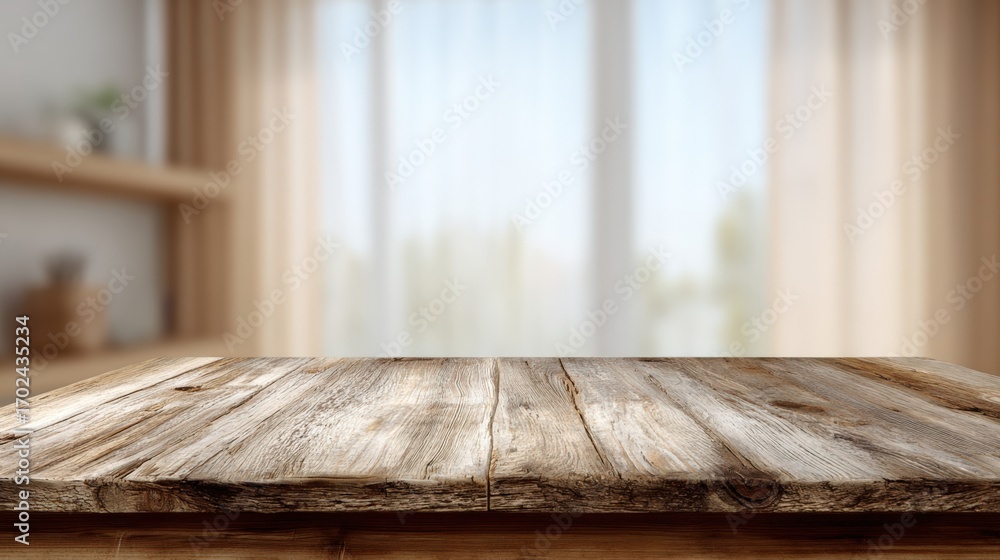 Poster rustic wooden table surface against a bright window background, perfect for product display and mock