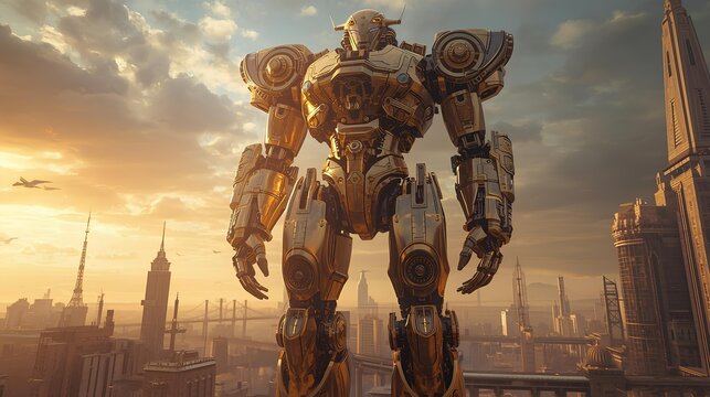 Colossal Golden Robot Oversees a Futuristic City Civilization - Powered by Adobe