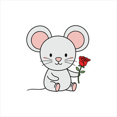 Cute Mouse Rose Flower Art Vector Illustration

