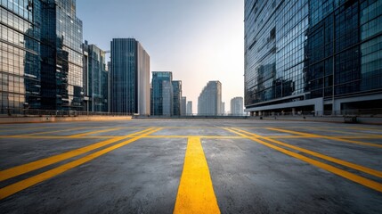 Naklejka premium Modern Cityscape Perspective with Empty Parking Deck and Contemporary Architecture on a Sunny Day
