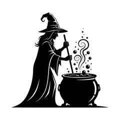Witch stirring cauldron silhouette isolated on white background