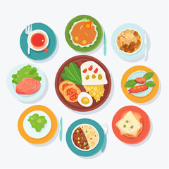 Colorful Assortment of Global Cuisine Dishes Arranged in a Circular Pattern