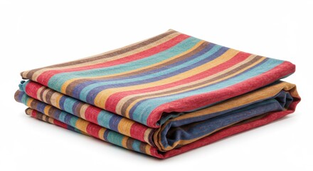 Striped blue, red, and mustard blanket folded on a white background with a copy space
