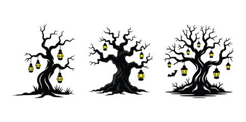 Dark Haunted Trees with Lanterns Silhouette – Creepy Spooky Halloween Forest Vector Illustration