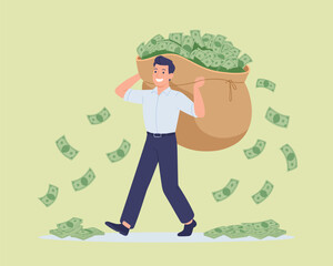 Man Carrying Sack Full of Money Walking Through Falling Cash Illustration
