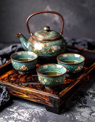 Teal-hued ceramic tea set on a dark wooden tray, with a teapot and three matching teacups filled with green tea