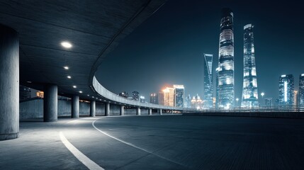 Cityscape at Night: Modern Architecture and Urban Infrastructure with Illuminated Skyscrapers and Empty Road