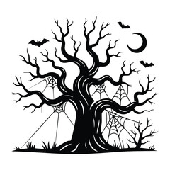 Eerie Haunted Tree Bat, Half Moon, Spider Web Silhouette Vector – Halloween Black Body and Orange Face