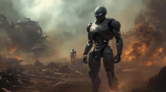 Powerful Robot Soldier in Devastated High-Tech Battlefield - Powered by Adobe