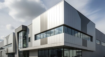 Obraz premium Modern Industrial Building with Reflective Facade Under a Cloudy Sky.