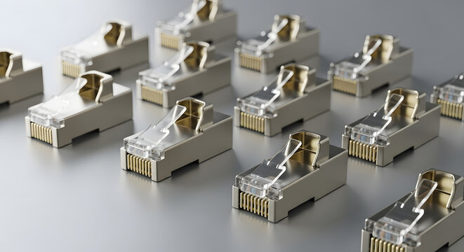 Detailed Macro View of Metallic Ethernet Cable Plugs