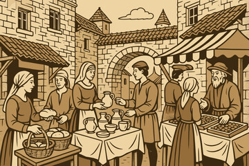 Medieval village market scene with townspeople trading goods in vintage engraved style