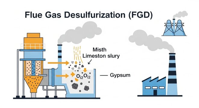 Flue Gas Desulfurization (FGD) Infographic Illustrating Industrial Air Pollution Control & Gypsum Production for Cleaner Air, Sustainable Industry