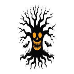 Halloween Tree Silhouette Vector Illustration – Spooky Black Body with Orange Face