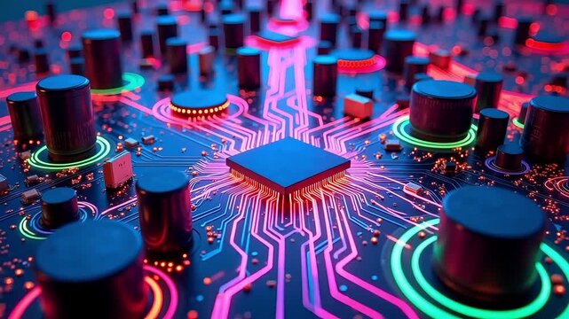 Dynamic circuit board animation with glowing neon trails and central processor unit pulsing with light