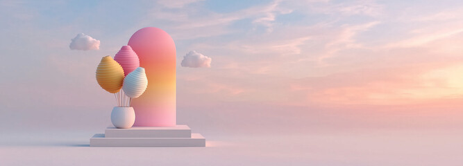 White vase with pastel balloon trees on platform at sunset for design card