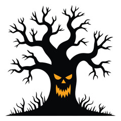 Haunted Halloween Tree Clipart – Black Body with Scary Orange Face