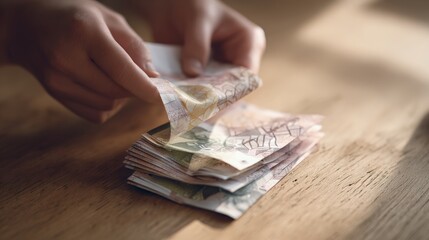 Counting Cash: Hands Tallying Stack of Paper Currency on Wooden Surface, Managing Finances and Budgeting