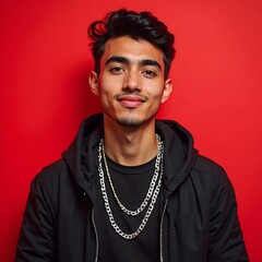 Smiling Young Man Wearing Silver Chains on Red Background Portrait