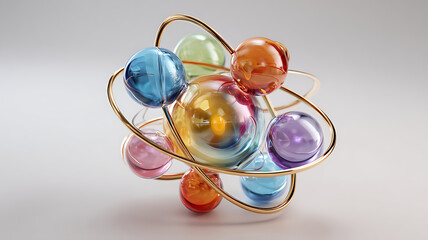 Colorful transparent spheres orbit a central nucleus, illustrating science and abstract art.