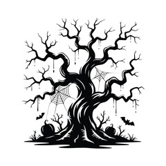 Haunted Halloween Tree Silhouette with Pumpkins, Bats, and Spider Web – Spooky Creepy Night Illustration